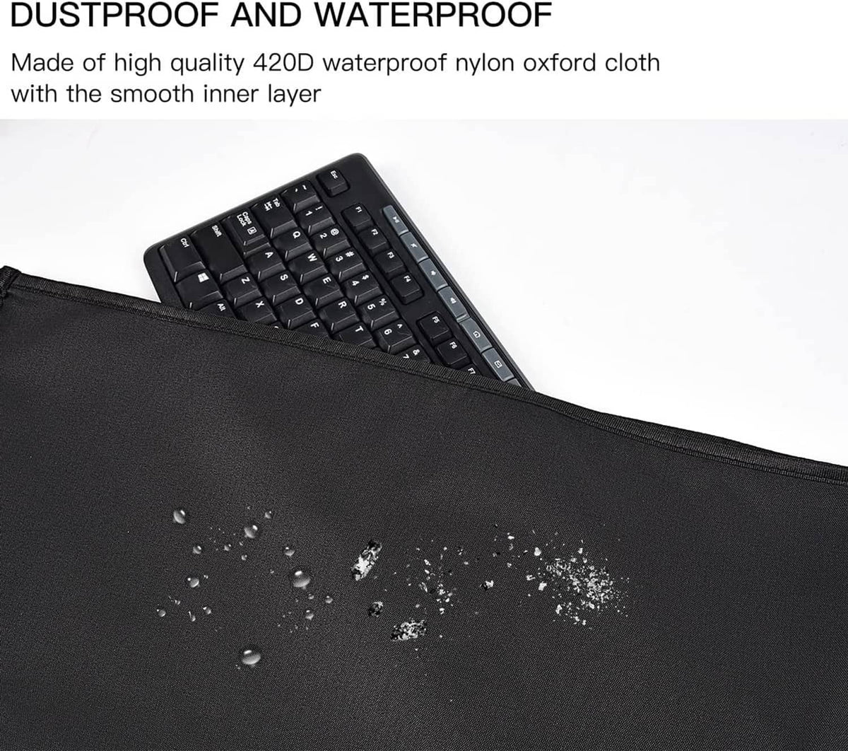 Black waterproof dust cover pouch with water droplets on the surface