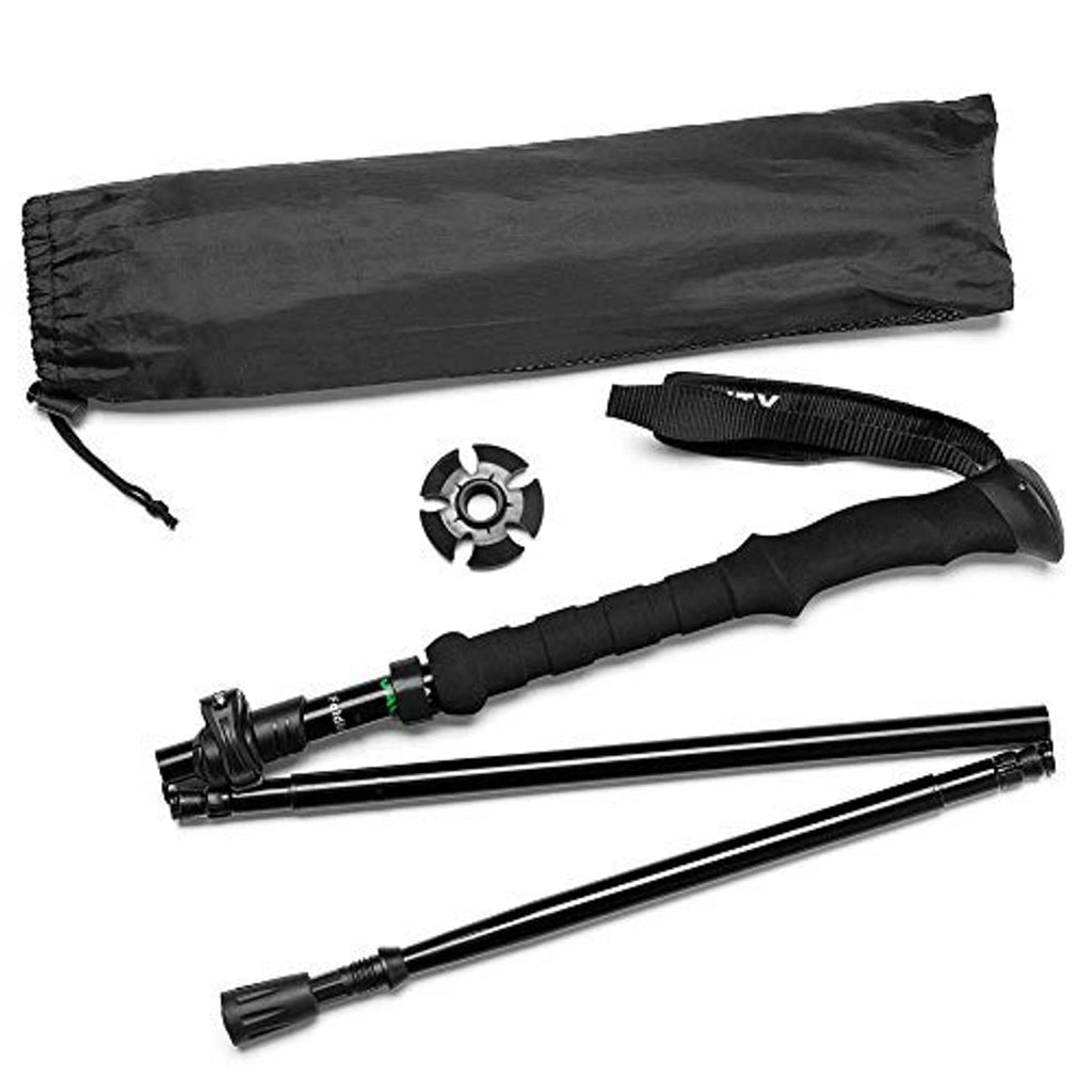 Dark trekking pole set with carry sleeve, wrist strap, and metal tip/adjustment parts