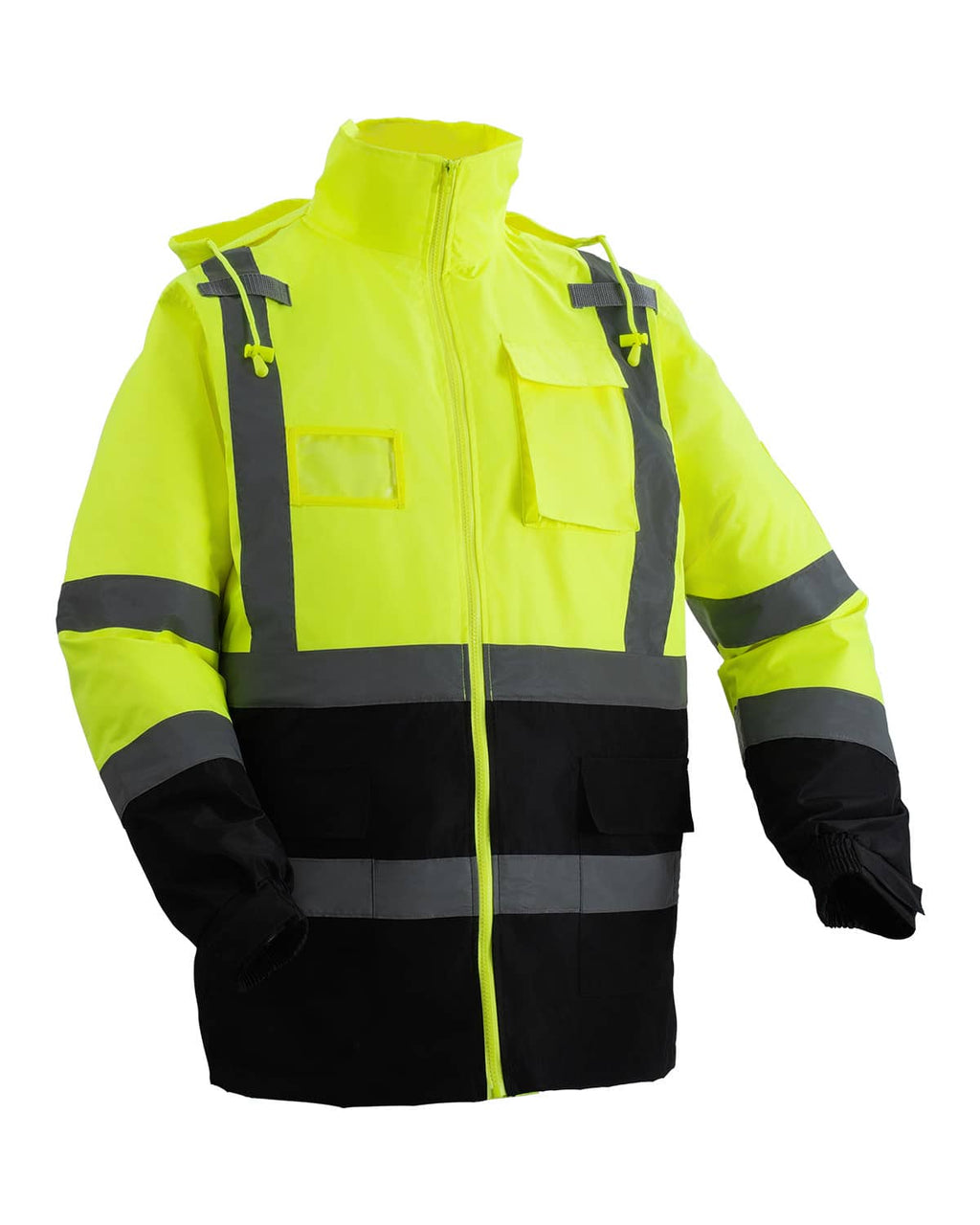 High-visibility reflective safety jacket, bright yellow with black panels and hood