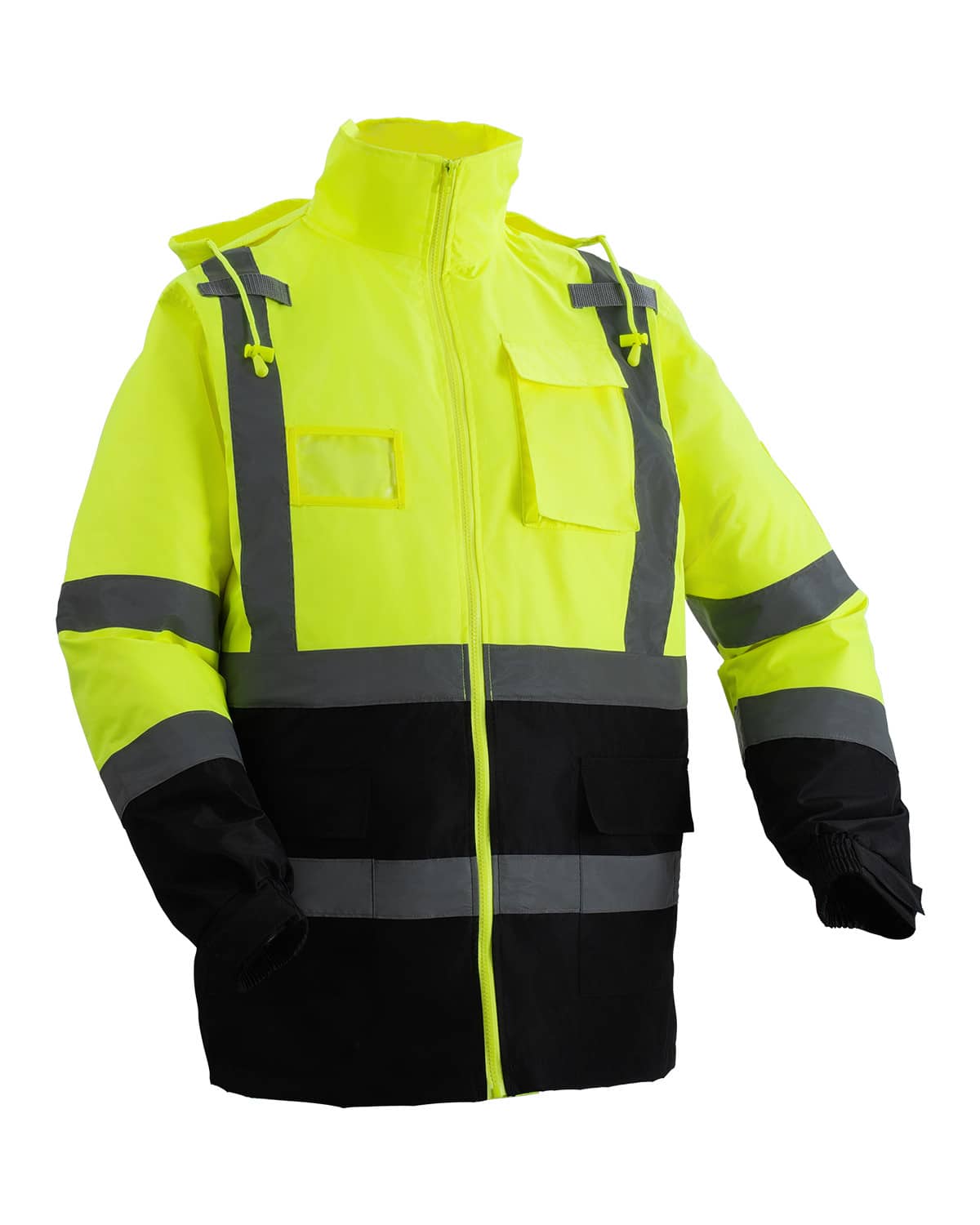 High-visibility reflective safety jacket, bright yellow with black panels and hood