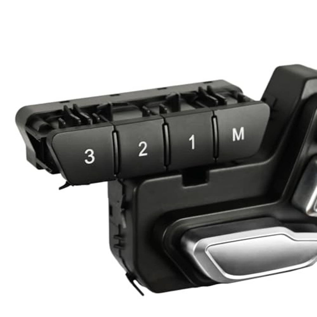 Power seat adjust control switch close-up showing black buttons 3, 2, 1, M