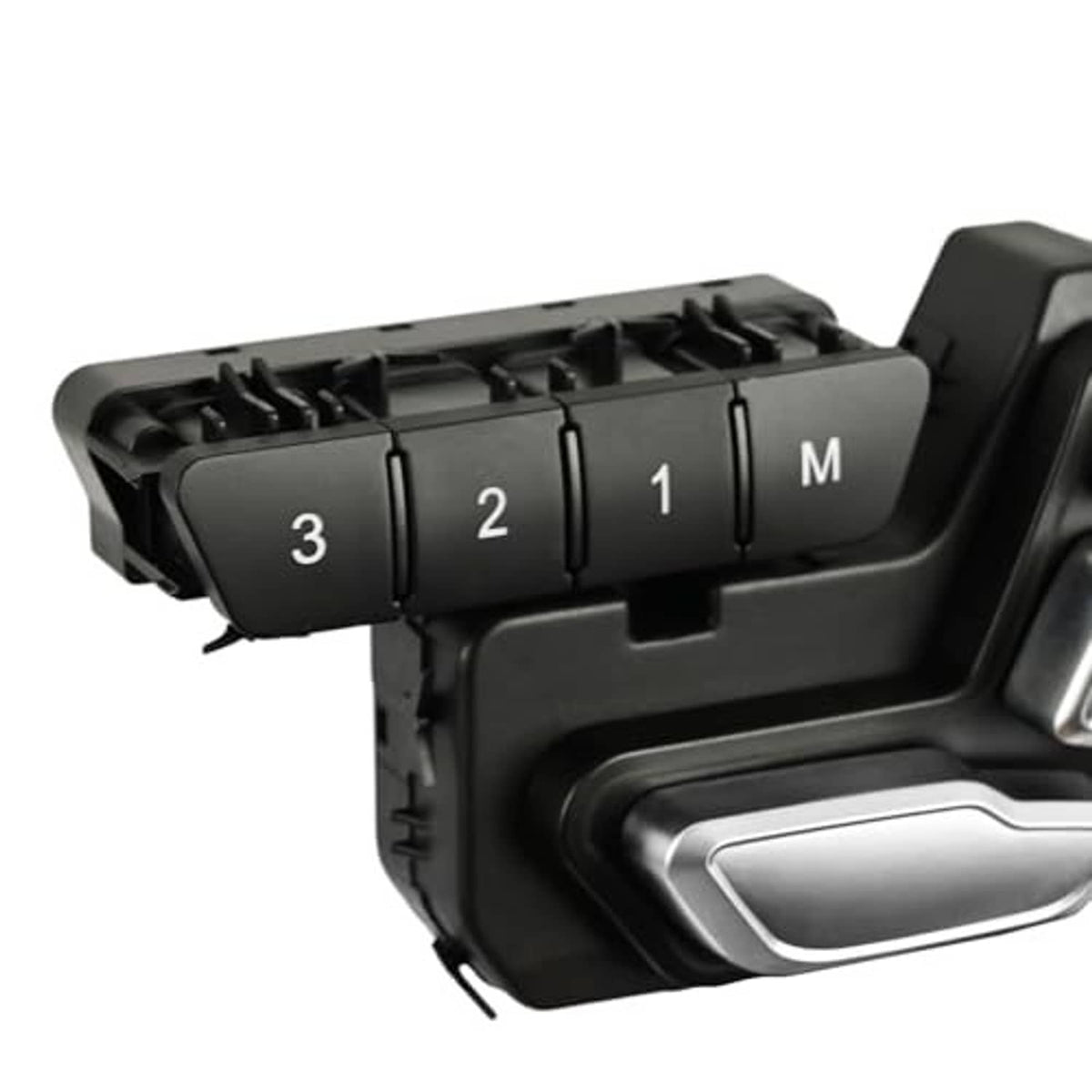 Power seat adjust control switch close-up showing black buttons 3, 2, 1, M