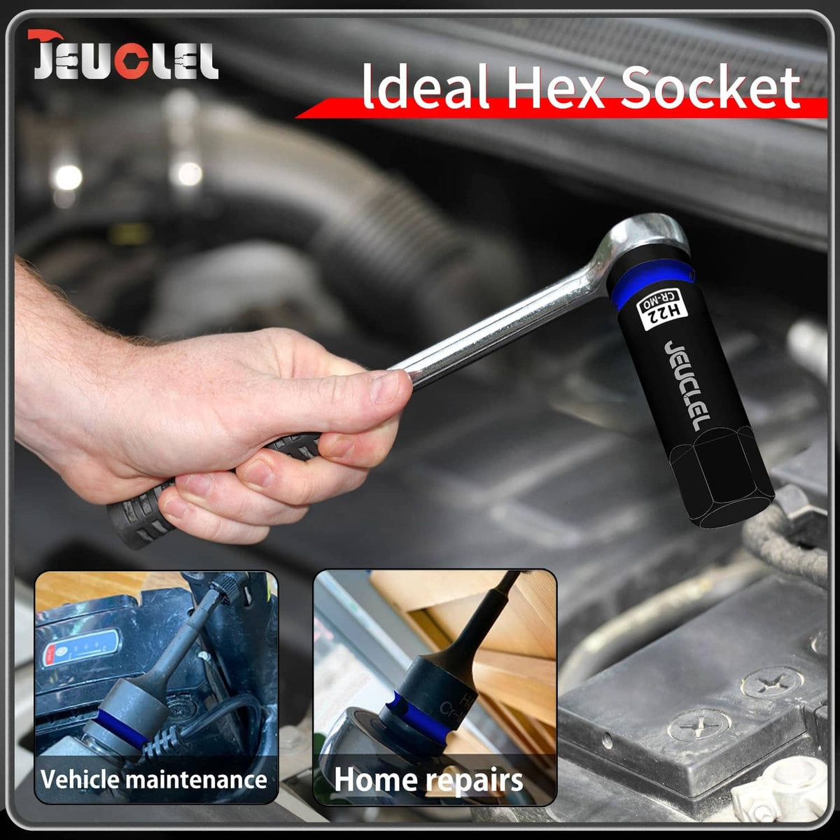 Hand holding a black 22mm hex impact socket with blue ring on 1/2-inch drive