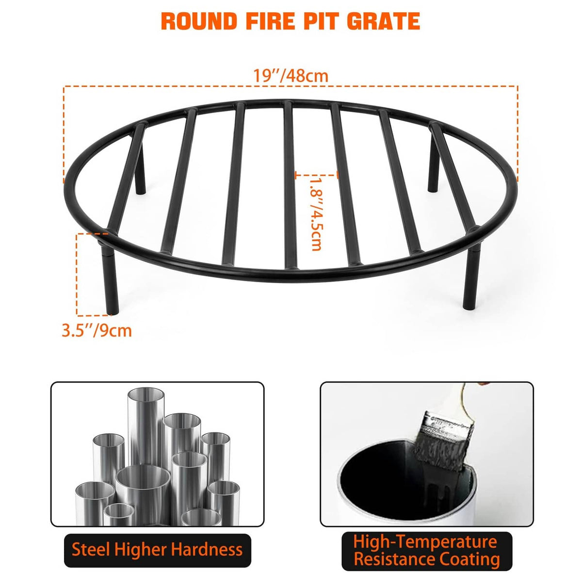 19-inch black round fire pit grate, slatted bar pattern with four support legs