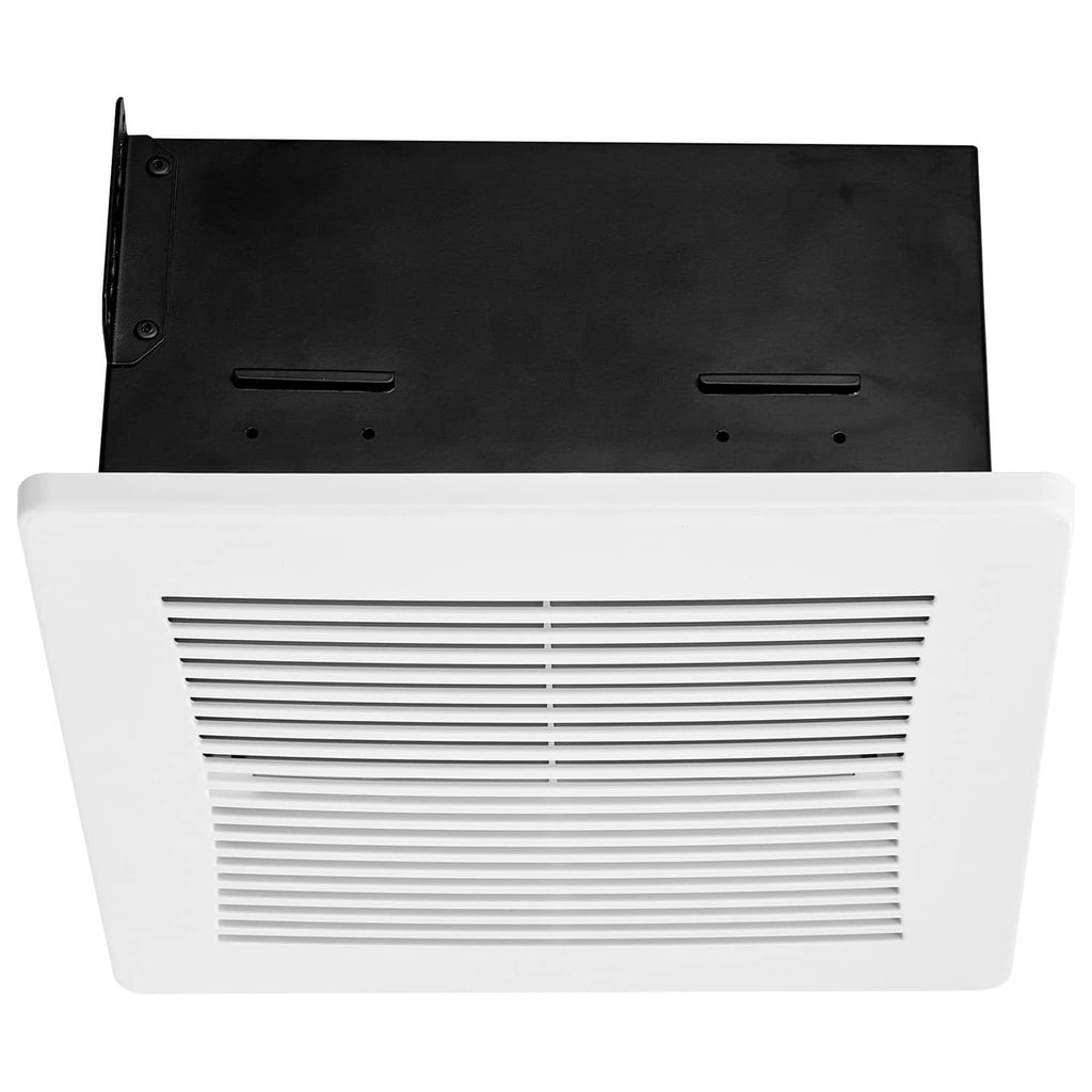 Bathroom ventilation fan with white grille and black housing, wall-ceiling mount