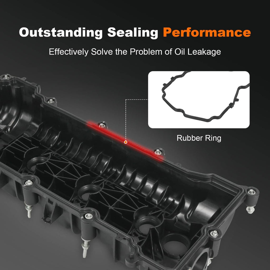 Underside of black engine valve cover assembly with molded ribs and mounting studs