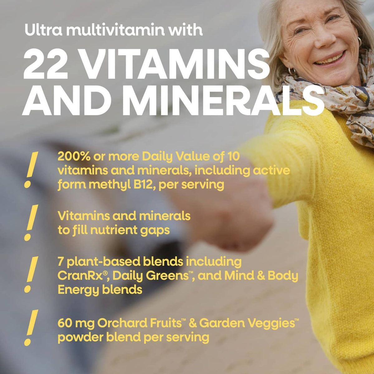 Ultra multivitamin label card with 22 vitamins and minerals, featuring a smiling woman.