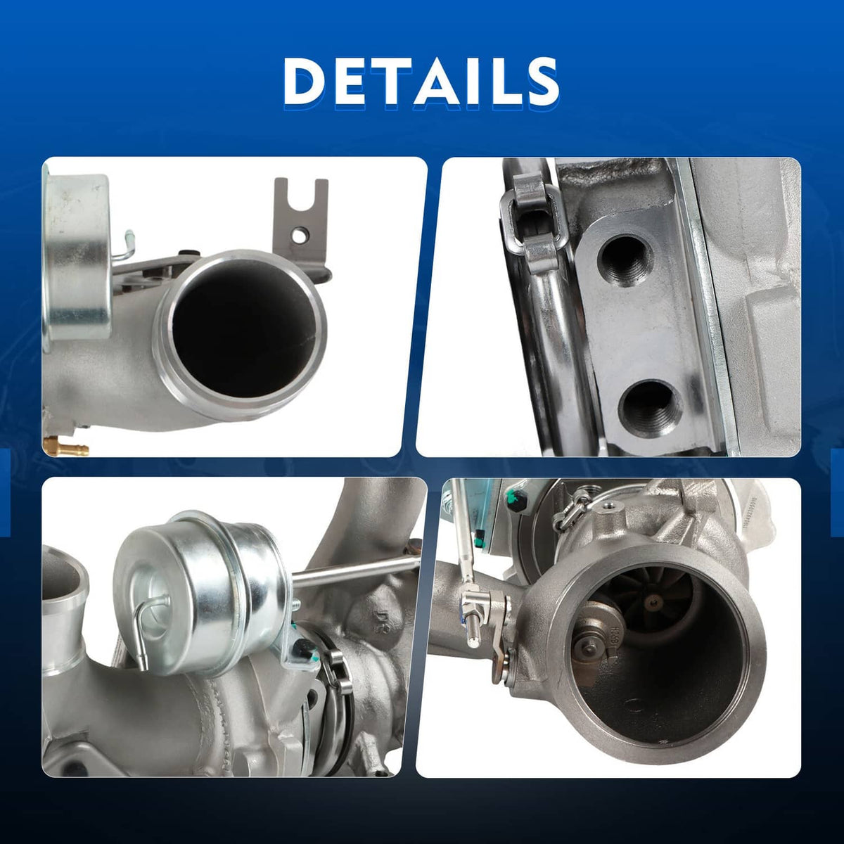 Turbocharger details: inlet and housing components with mounting holes