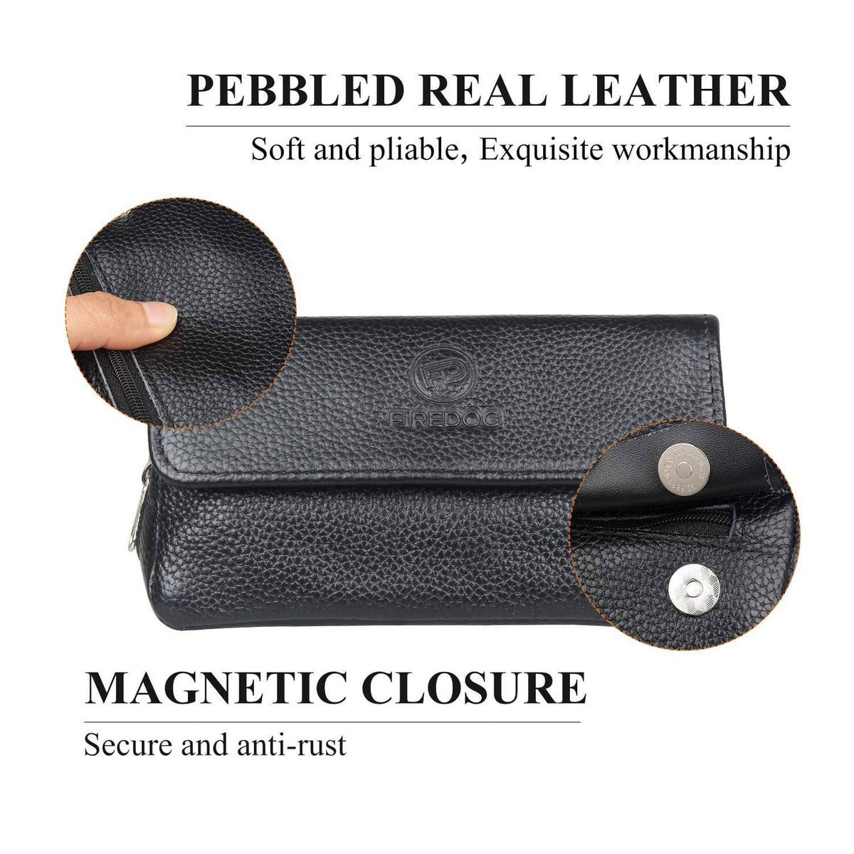 Black pebbled leather pipe pouch with magnetic front closure and round snap studs