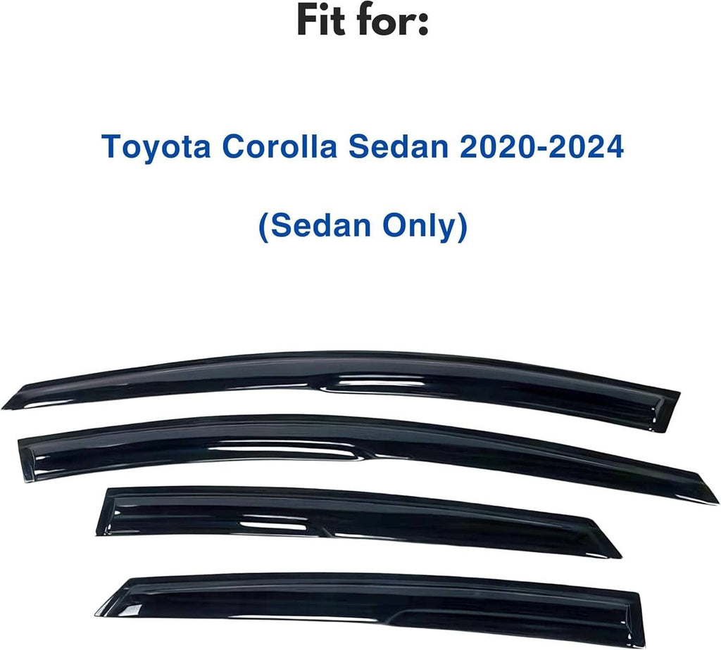 Set of glossy black side window visors for a sedan, shown in flat lay