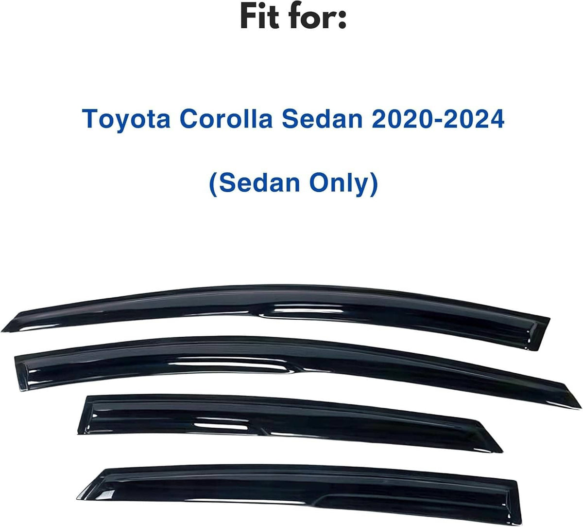 Set of glossy black side window visors for a sedan, shown in flat lay