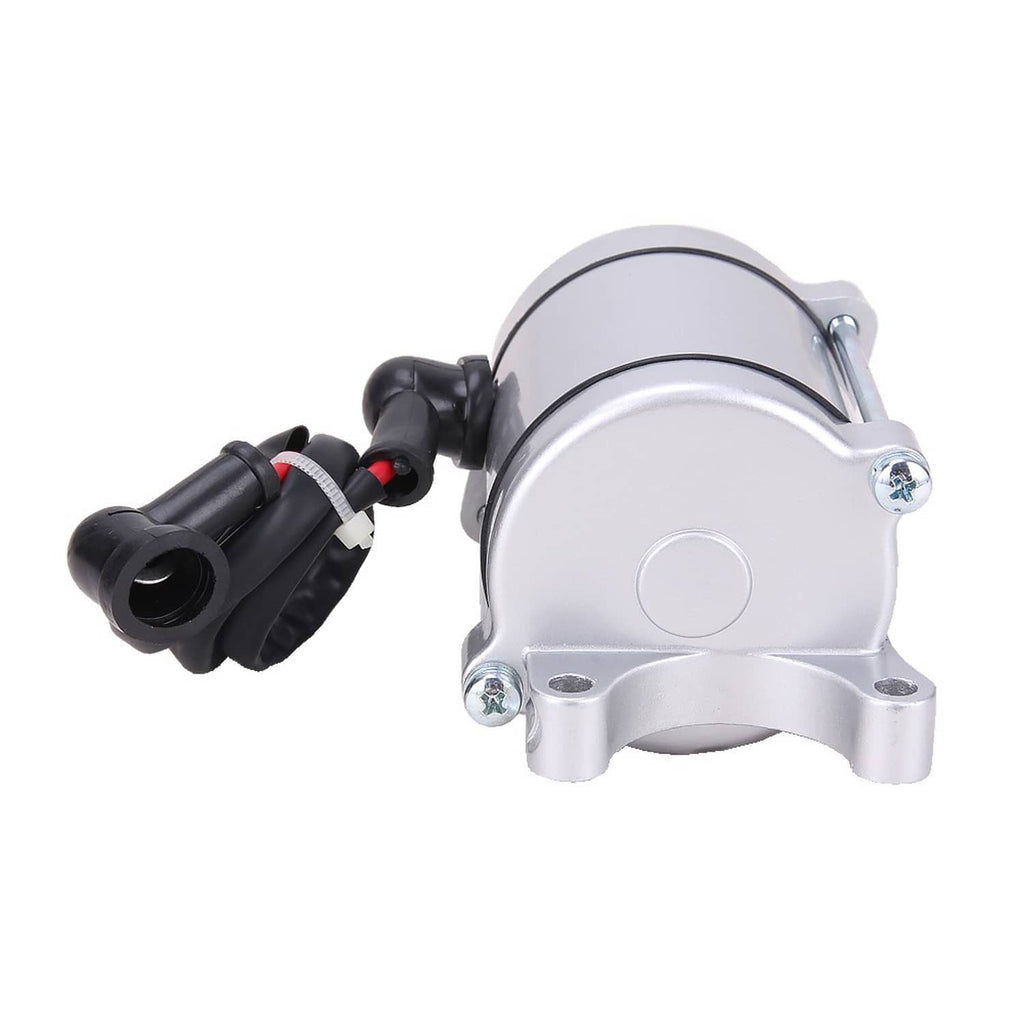 ATV starter motor front casing with silver housing, round cover, and black wire connectors