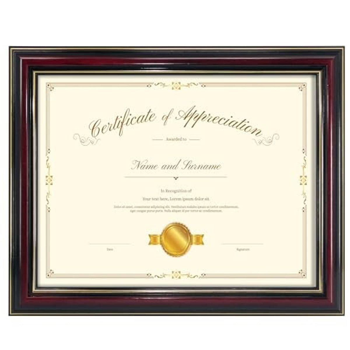 Cherry wood diploma frame with dark red and black double border, no mat certificate