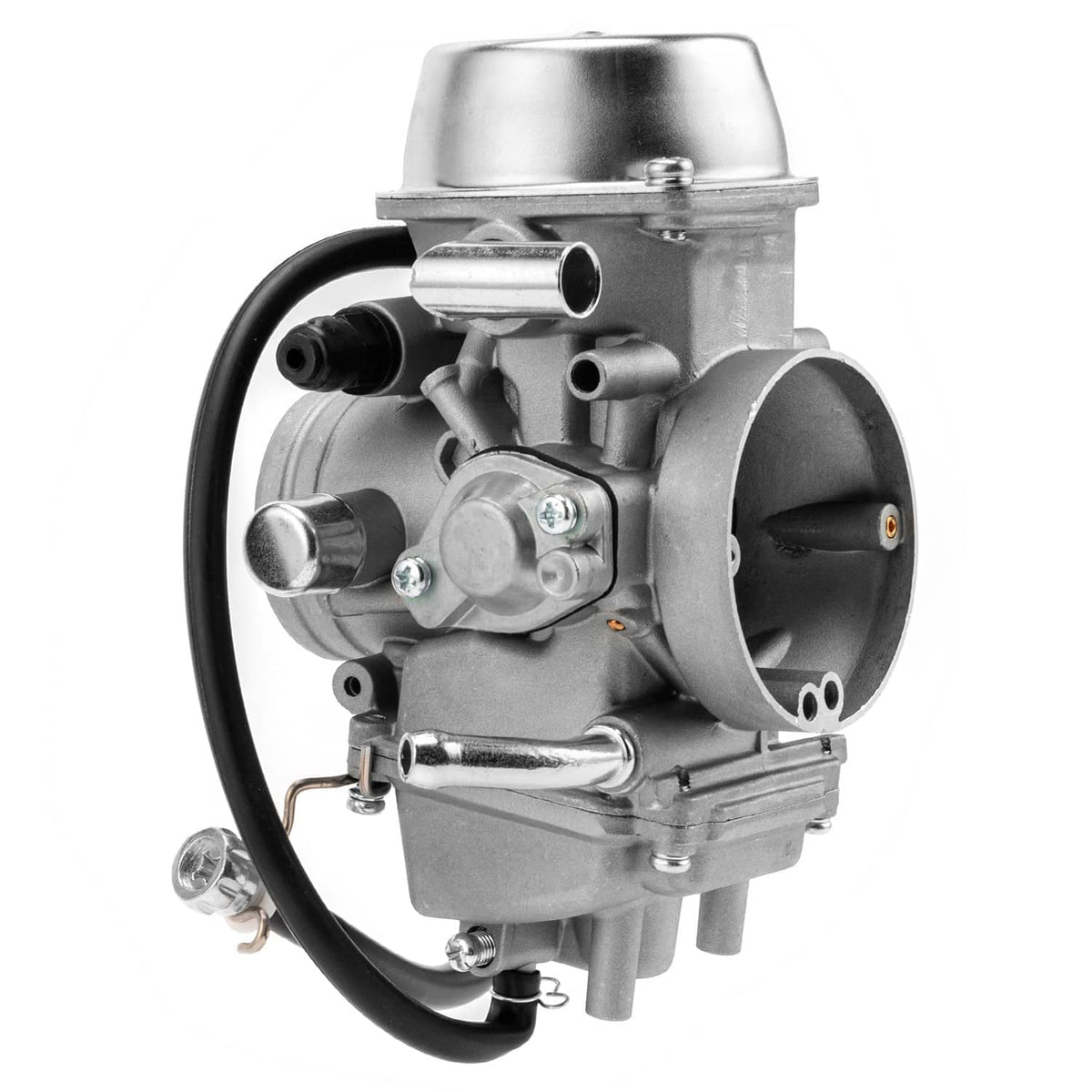 Carburetor assembly with air filter and curved metal throttle linkage