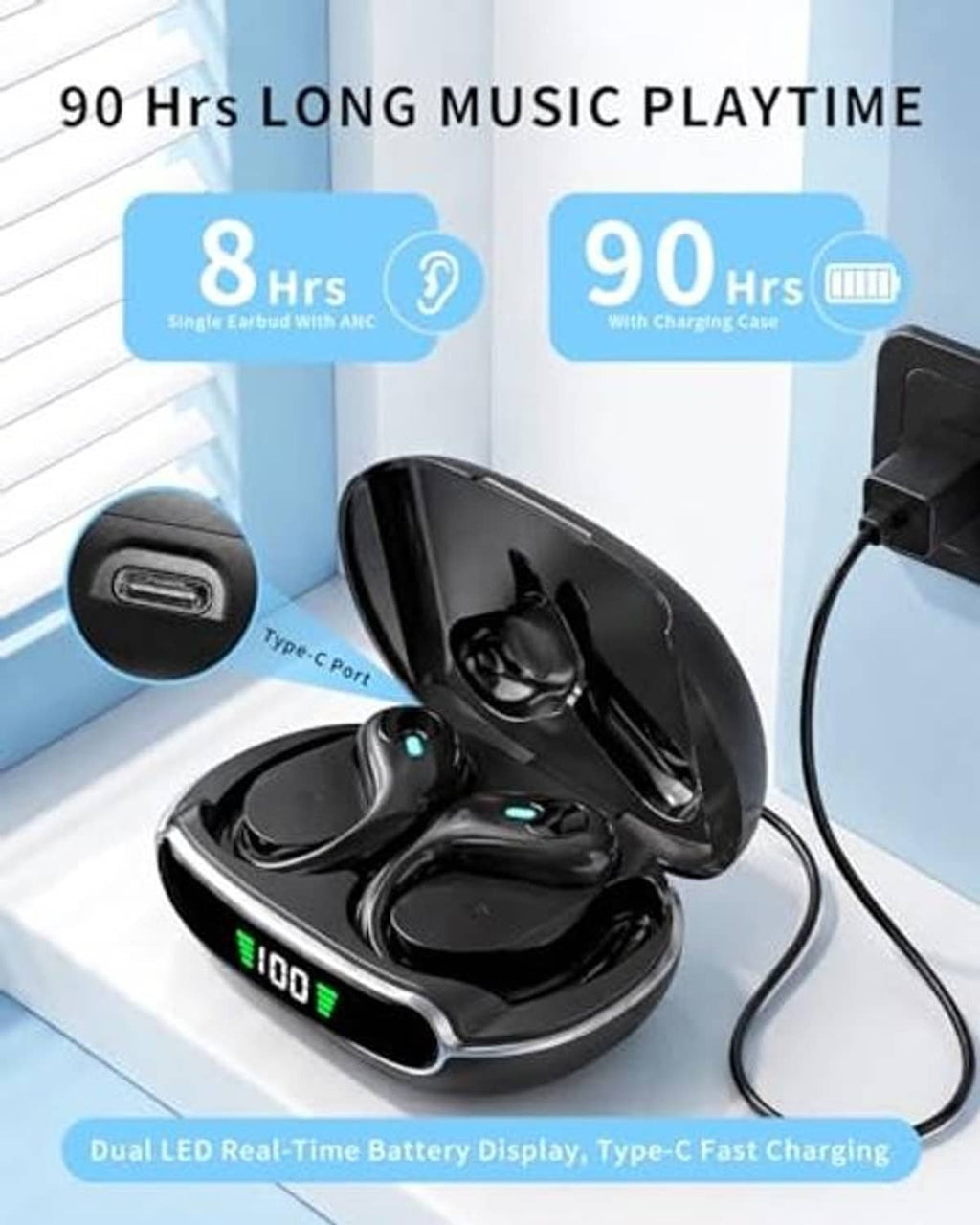 Black wireless earbuds in charging case with Type-C port and LED battery display
