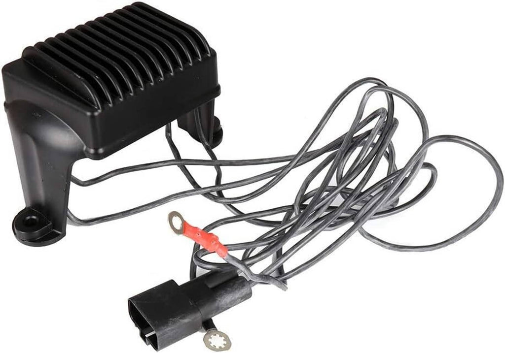 Black voltage regulator rectifier with fins, wire harness, and ring terminal