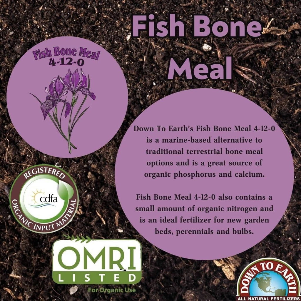 Fish bone meal fertilizer pack with OMRI Listed and guidance callouts on soil