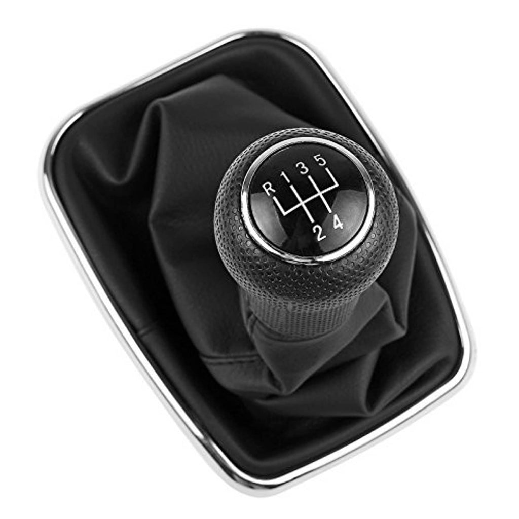 Black 5-speed gear shift knob with textured finish and PU leather boot cover in shifter base