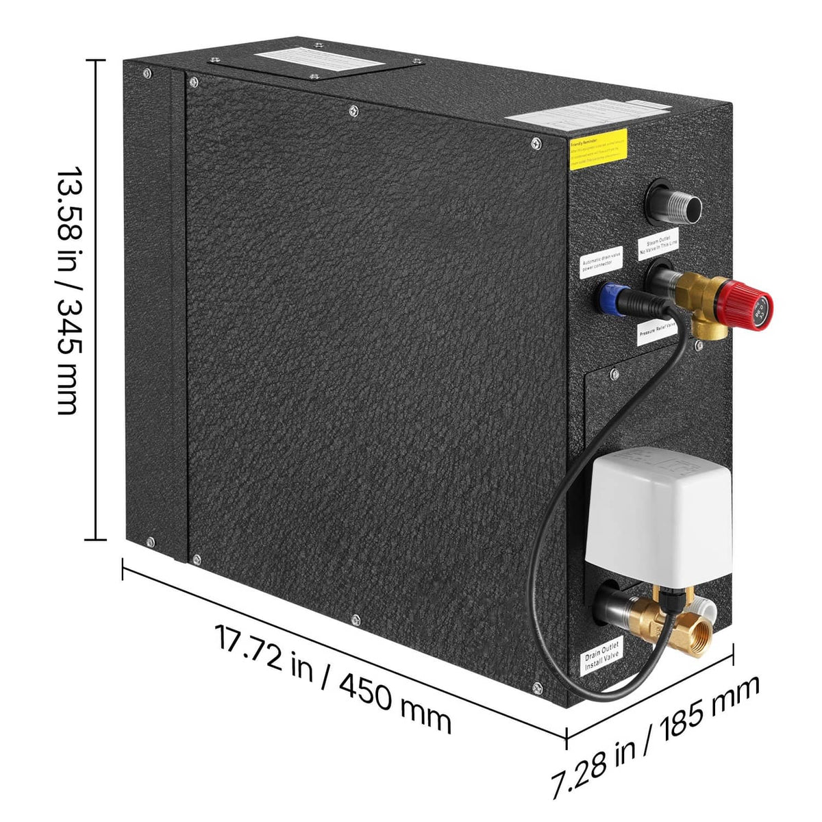 Steam generator controller side view with steam outlet and auto-drain valve ports