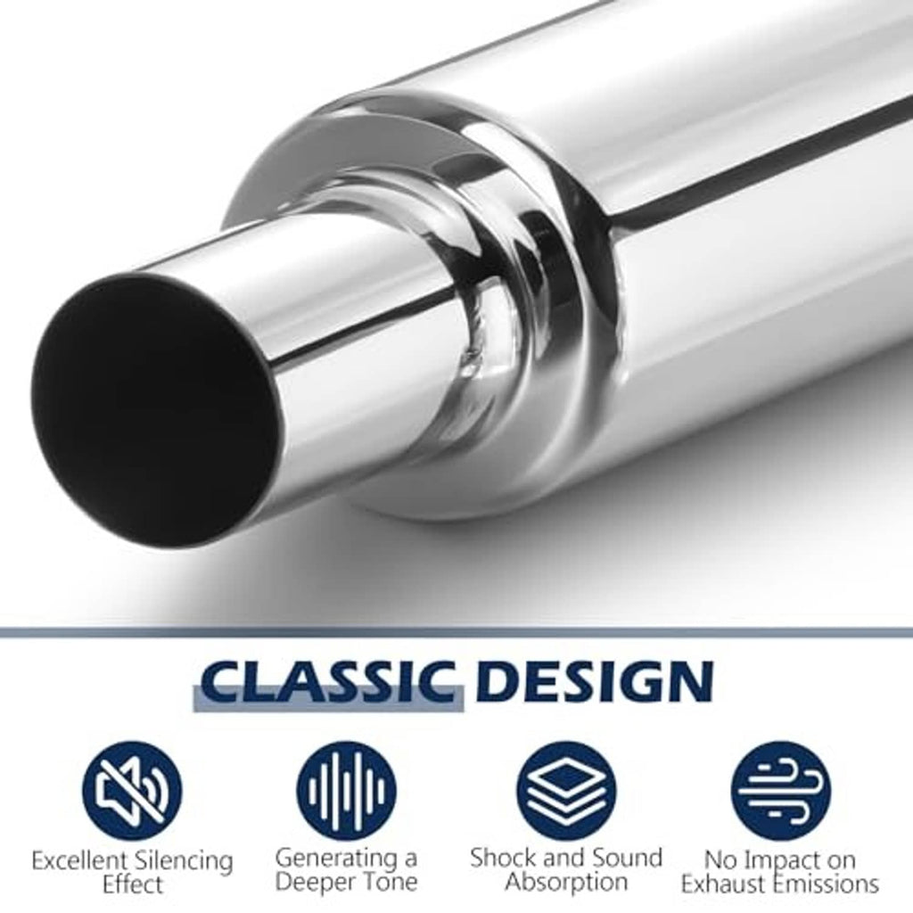 Polished silver exhaust resonator muffler with black outlet tube and chrome-style finish