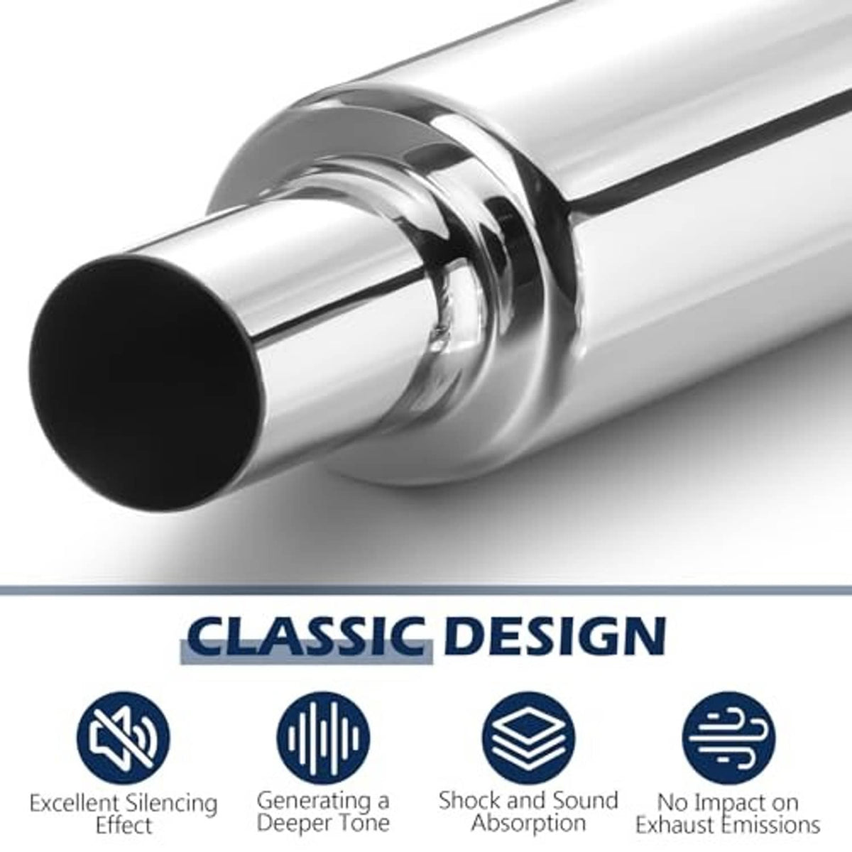 Polished silver exhaust resonator muffler with black outlet tube and chrome-style finish