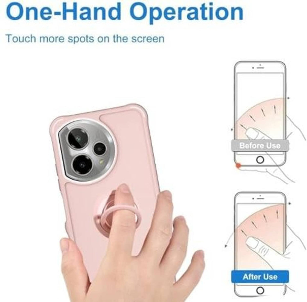 Pink phone case with circular stand ring for one-hand grip, rear view