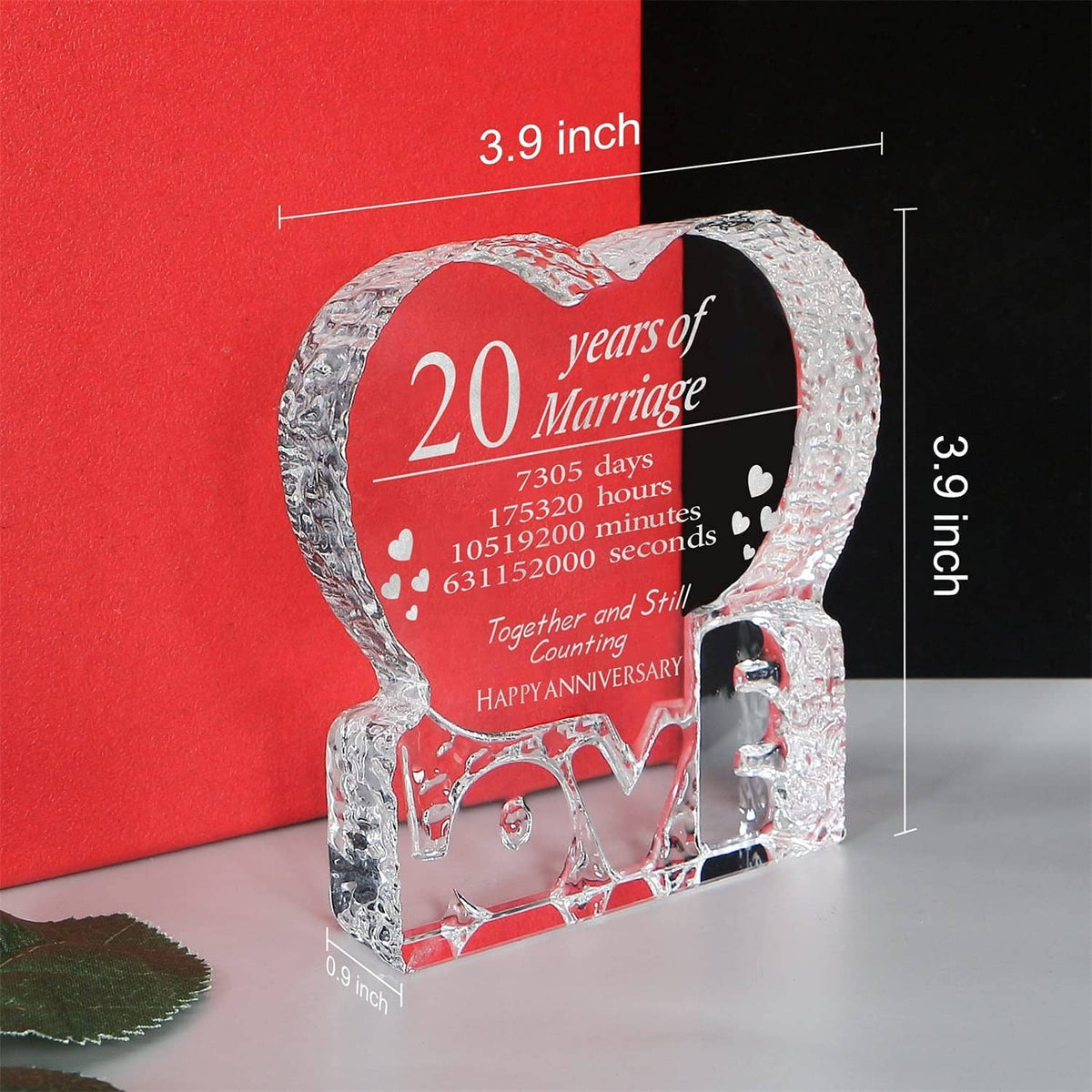 Engraved crystal heart keepsake with red panel reading 20 years of Marriage and LOVE