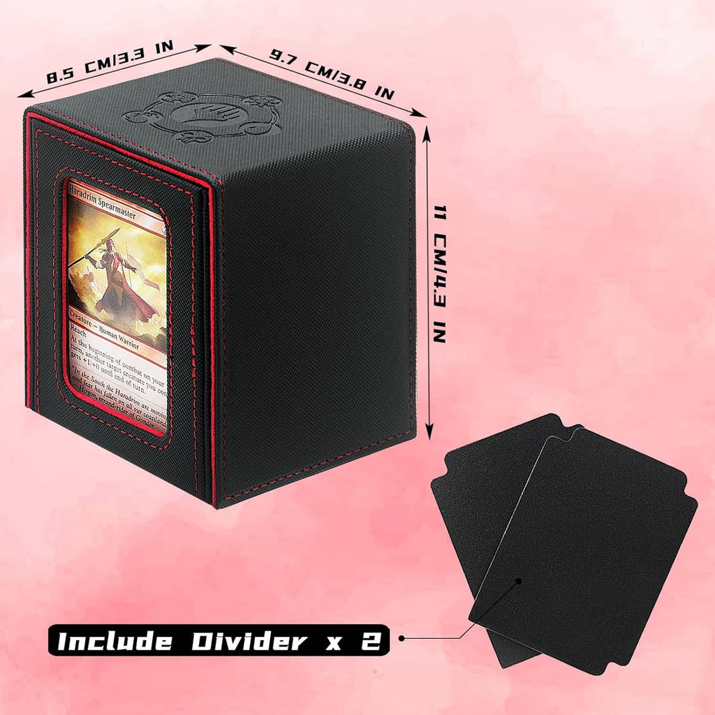 Black card deck box with magnetic closure; includes two card dividers, size shown