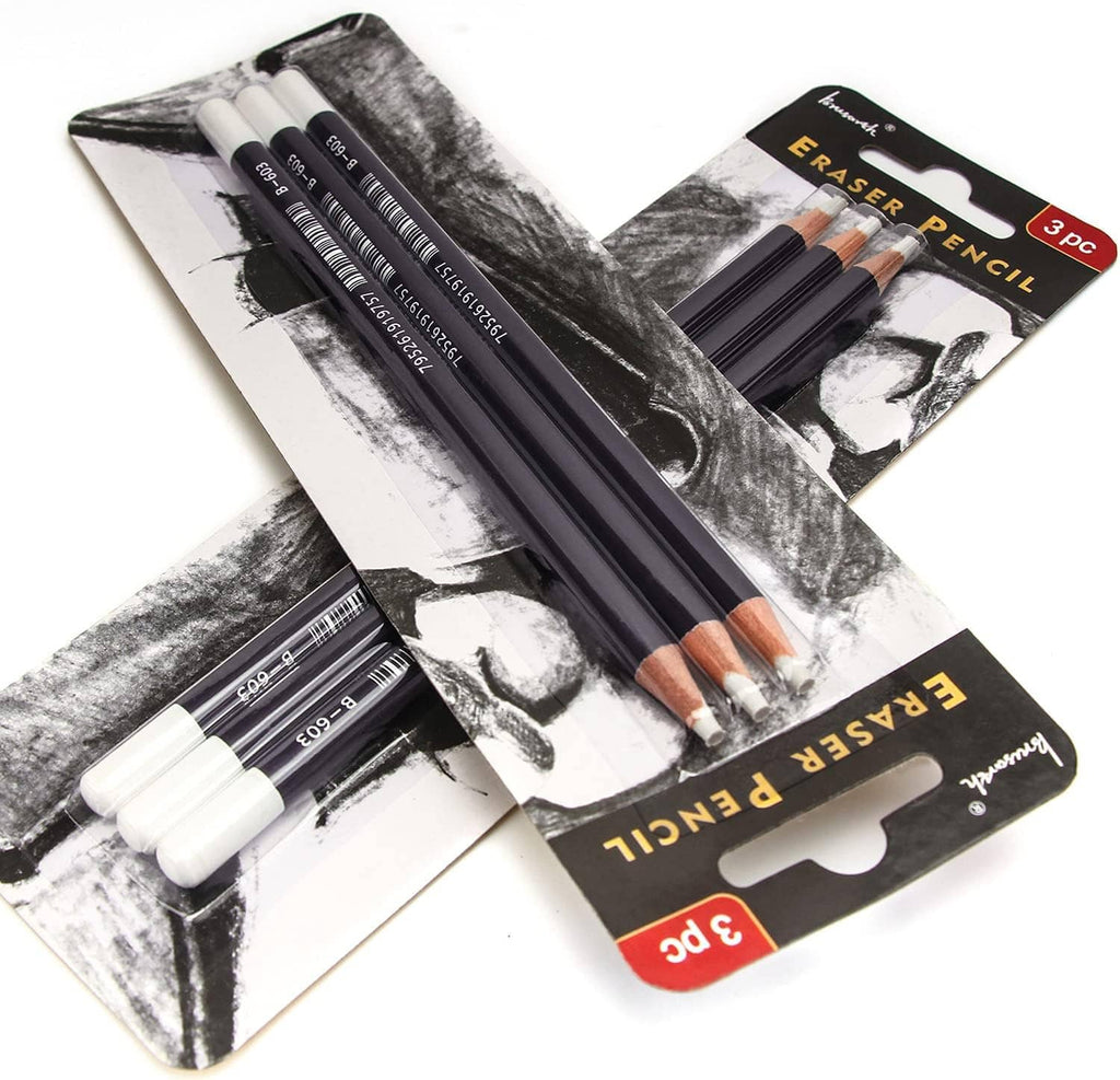 Eraser pencil set blister pack with three dark navy pencils and white eraser ends