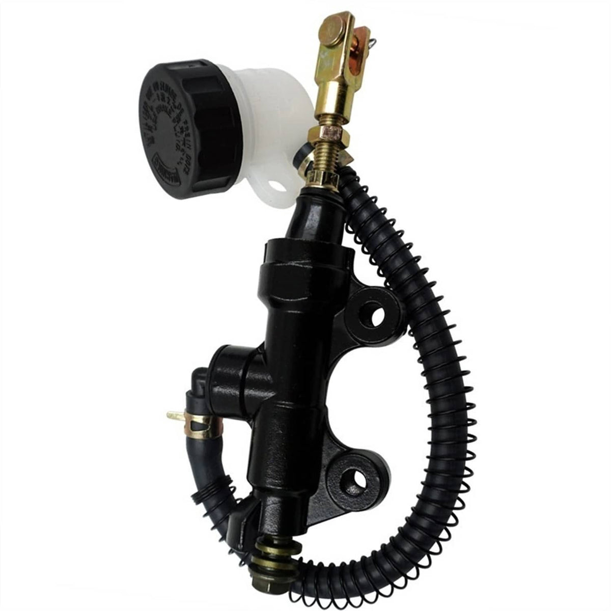 Rear brake master cylinder pump with reservoir, springs, and mounting bracket