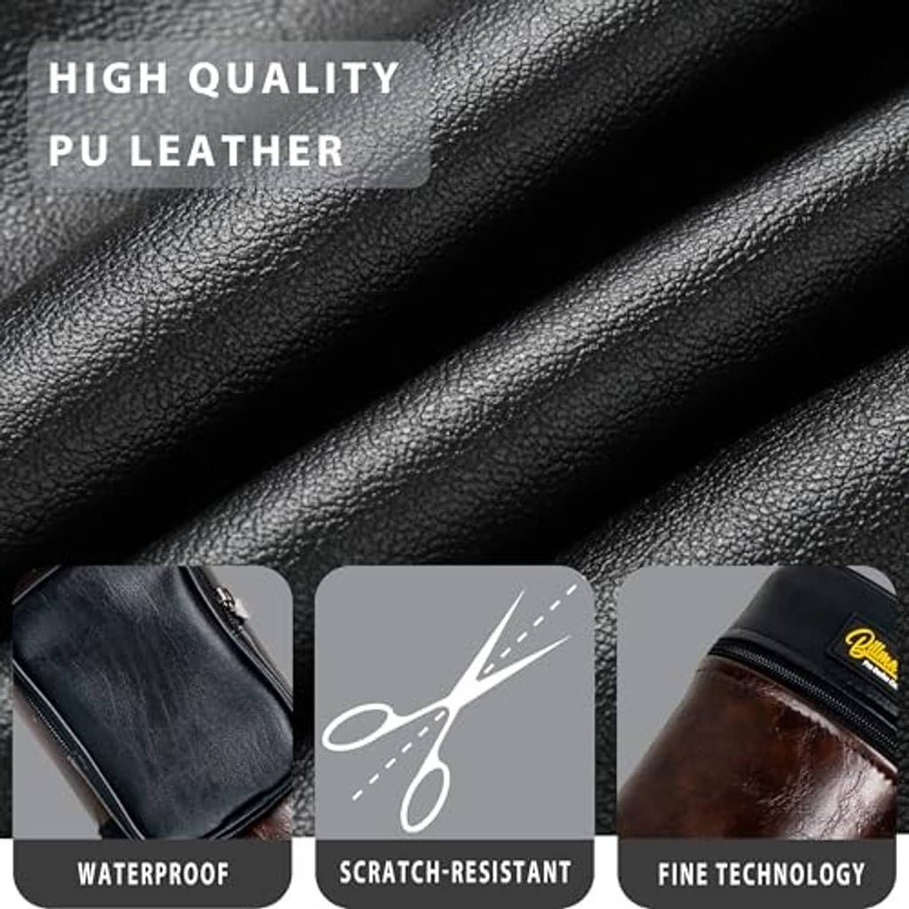 Black leather-like cue case with zip pocket detail