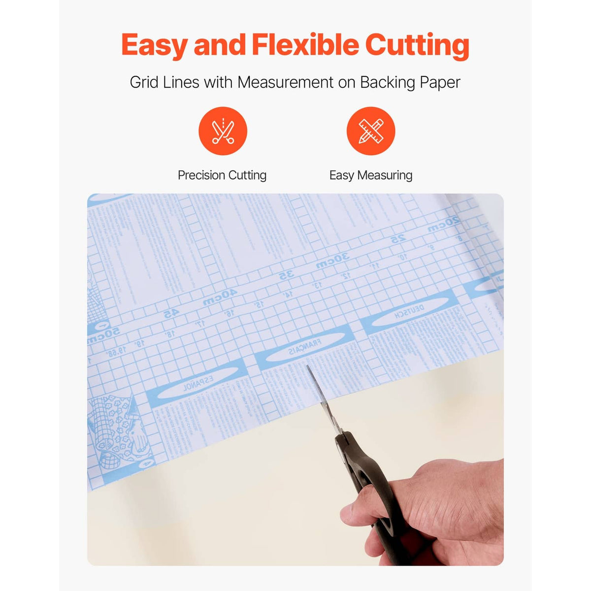 Self-adhesive wallpaper with grid lines on backing for measuring and cutting, light blue