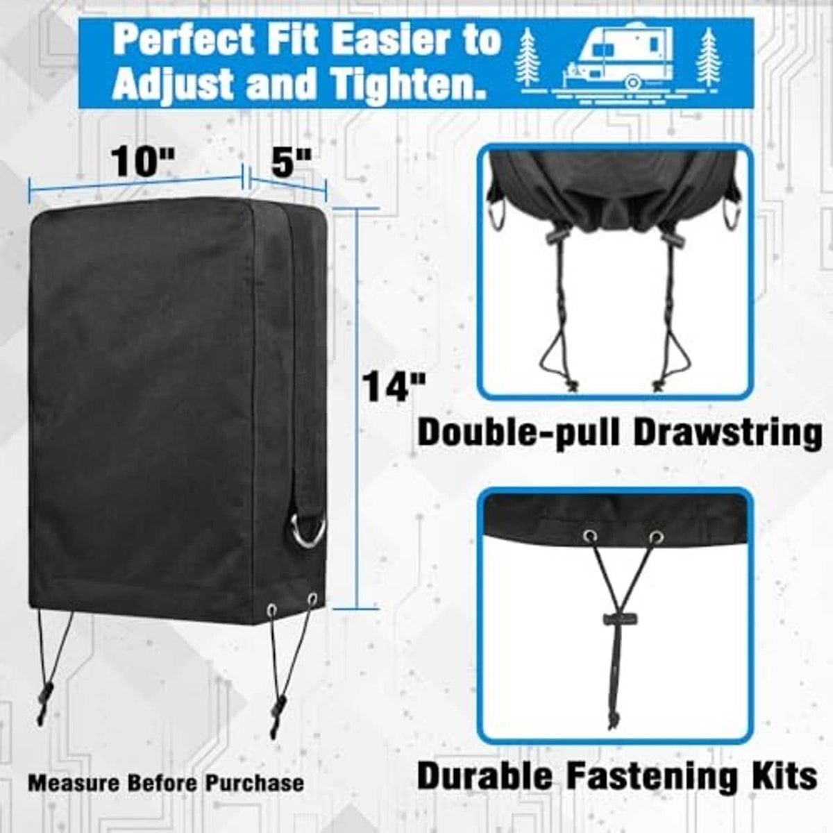 Black RV electric tongue jack cover with double-pull drawstring and fastening straps