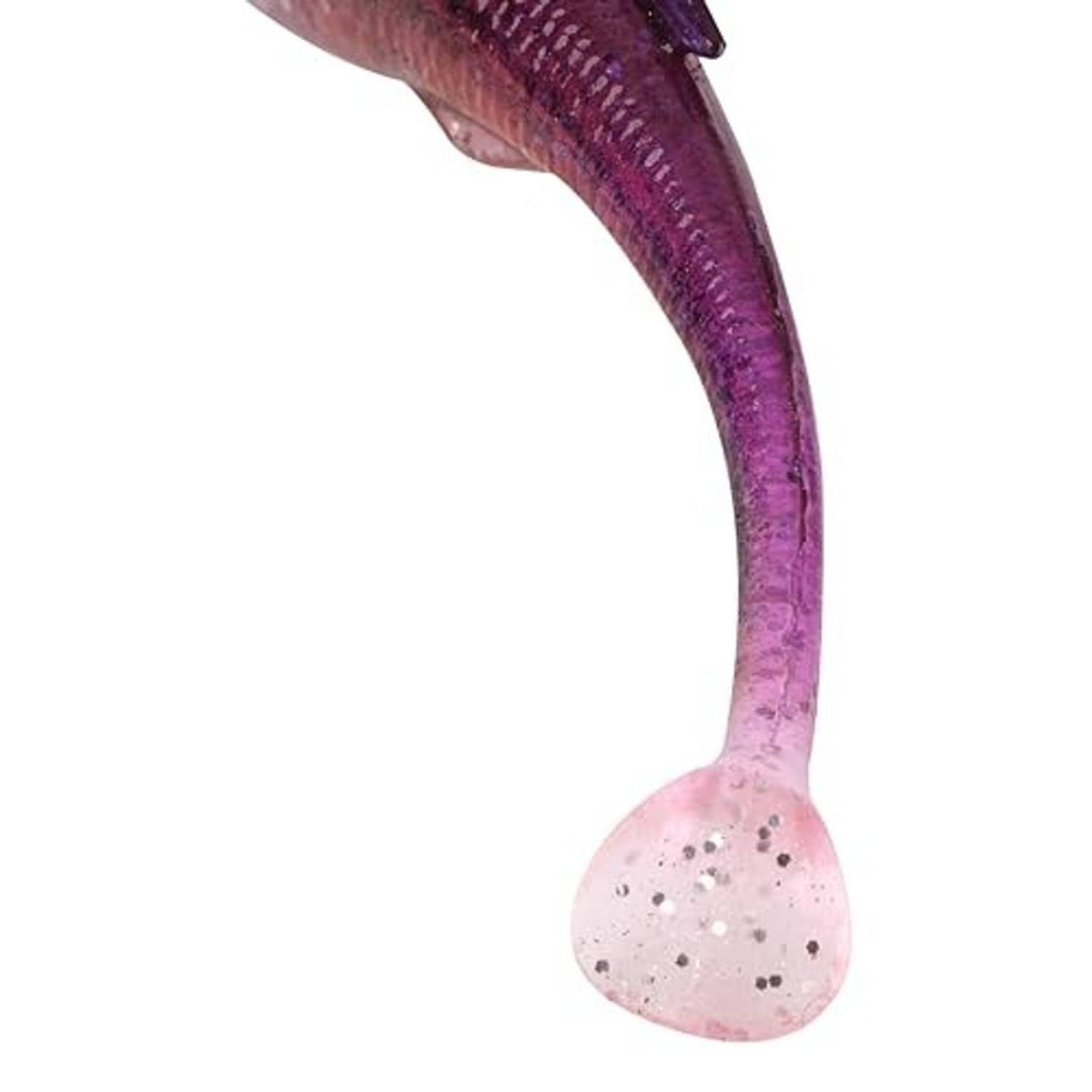 Purple shiner soft plastic lure tail, light pink underside with glitter specks