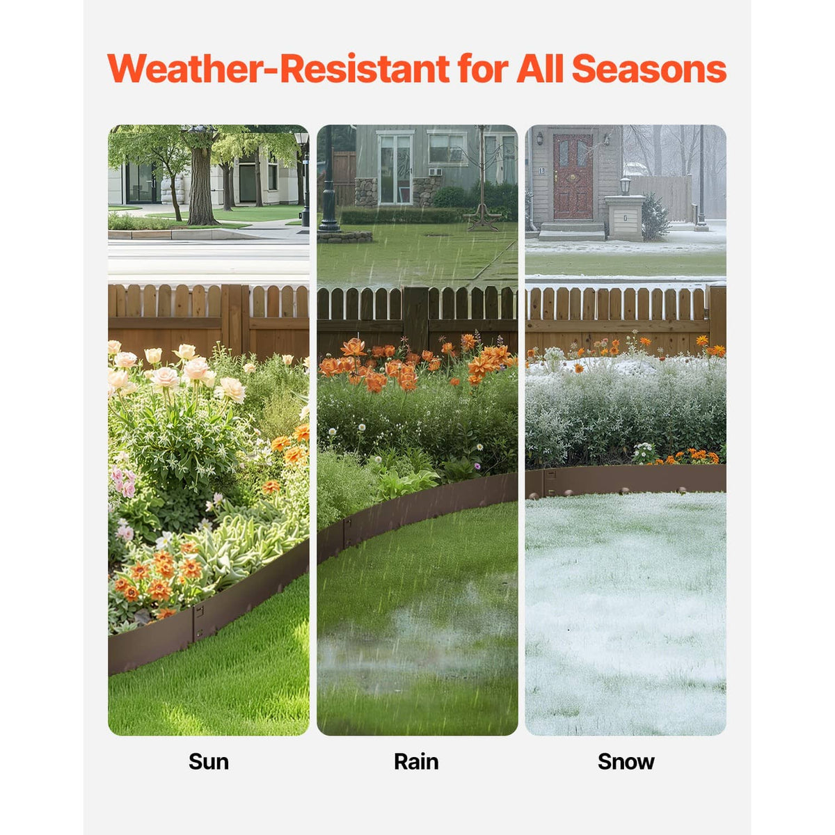 Brown steel garden edging border strip with spike rows for sun, rain, or snow gardens