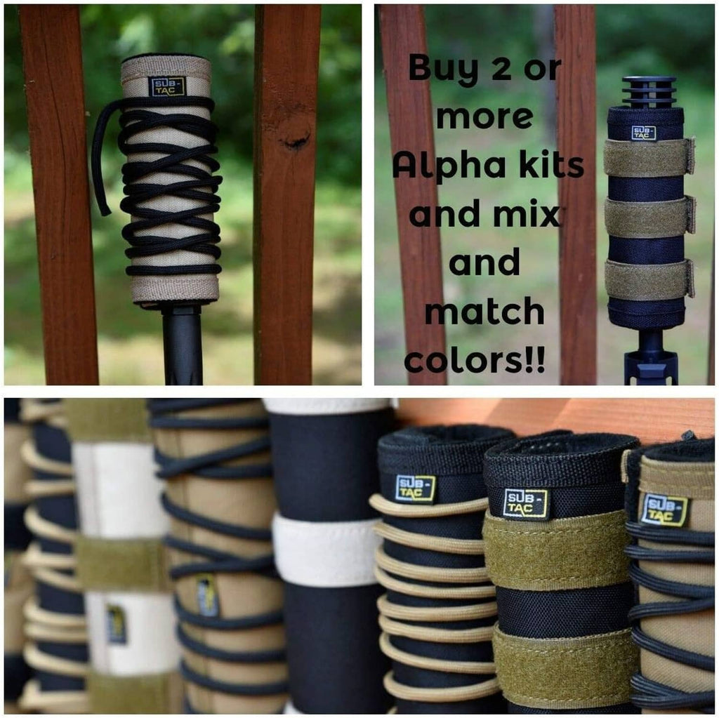 Assorted suppressor covers showing color band options and stitched end caps on dark fabric