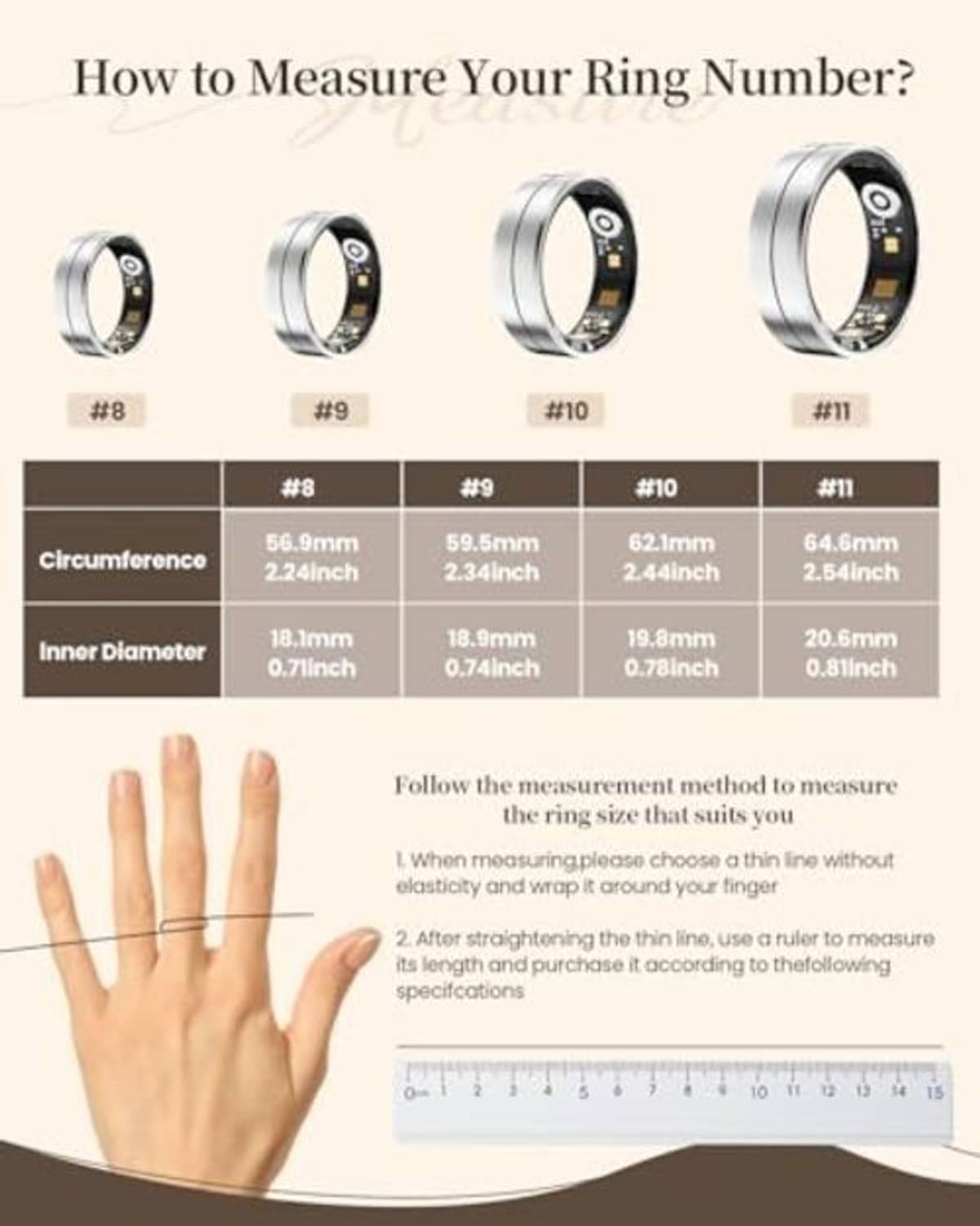 Ring size measurement guide with smart ring diagrams, size #8–#11