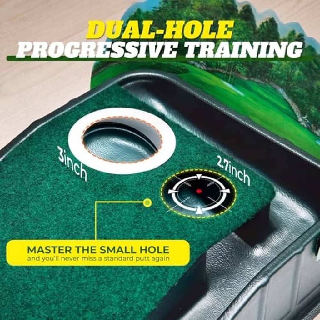 Dual-hole putting station with ball return tray on an indoor green mat