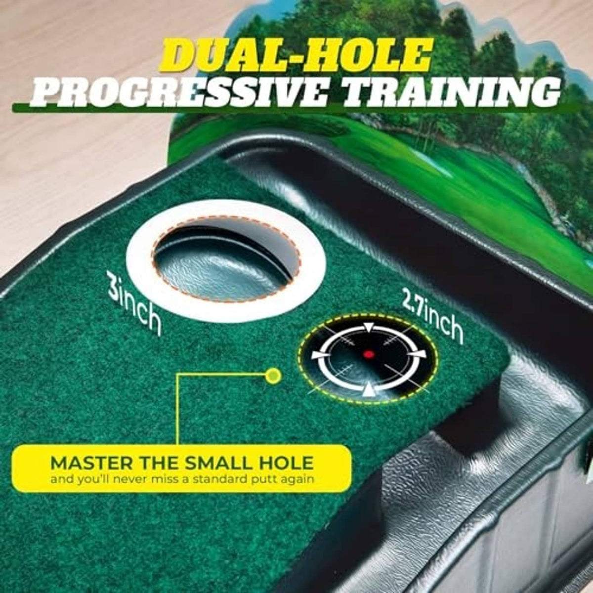 Dual-hole putting station with ball return tray on an indoor green mat
