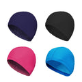 4-pack swim caps in purple, black, pink, and blue; soft fabric with elastic edge
