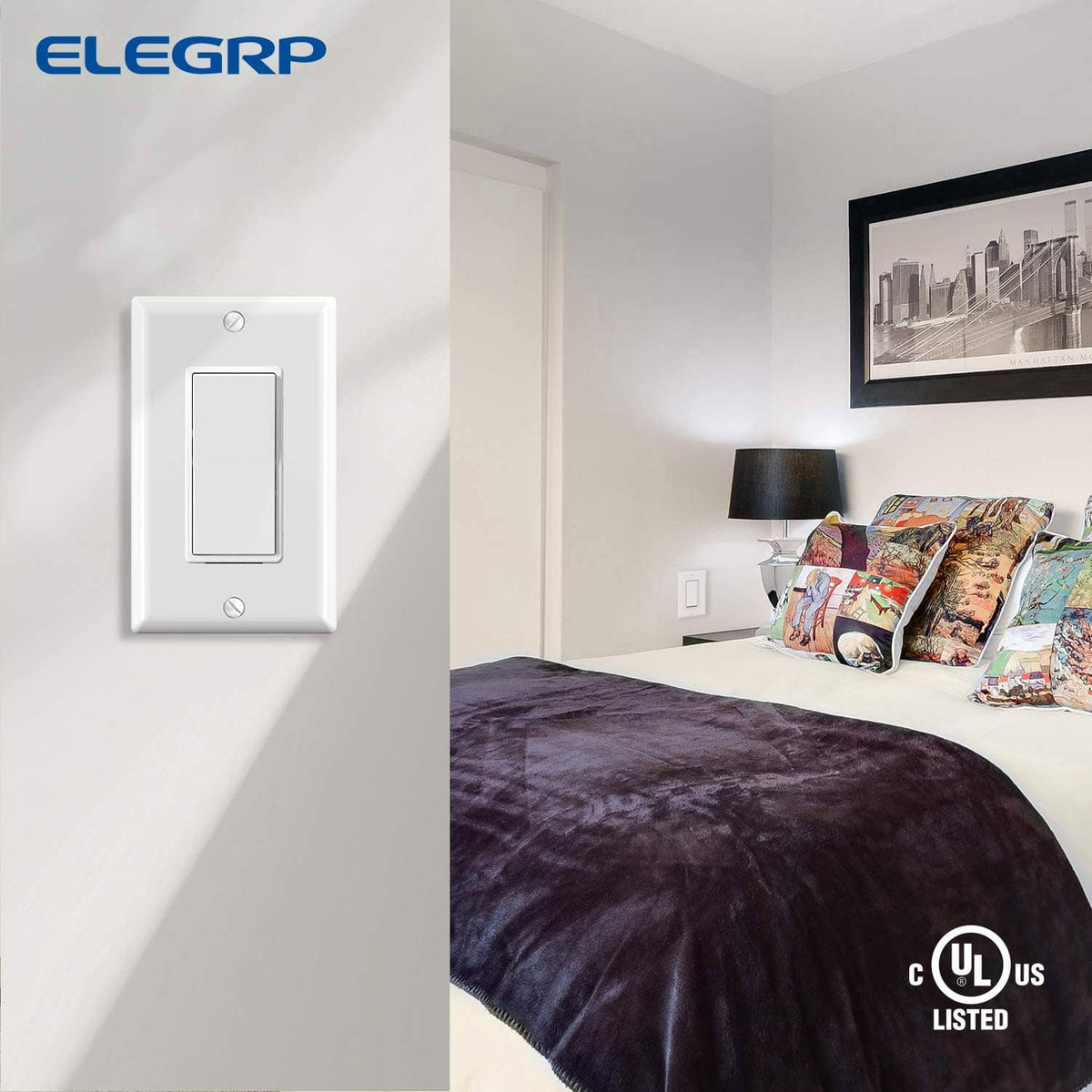 Glossy white single-pole light switch on wall, compact rectangular rocker