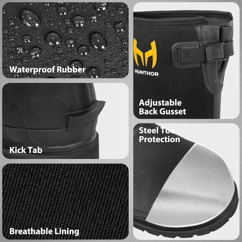 Black waterproof rubber boots collage features: kick tab, adjustable gusset, steel toe.