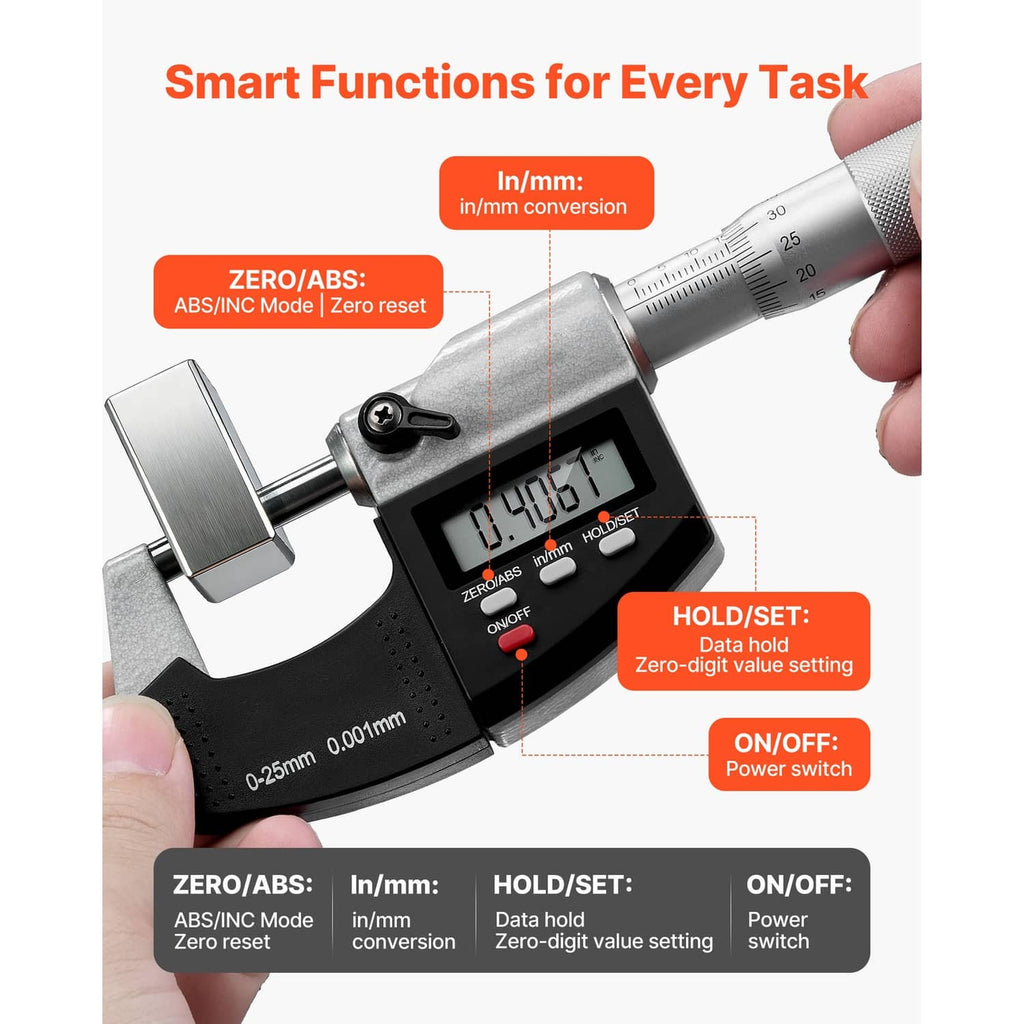 Digital micrometer with LCD screen and labeled control buttons