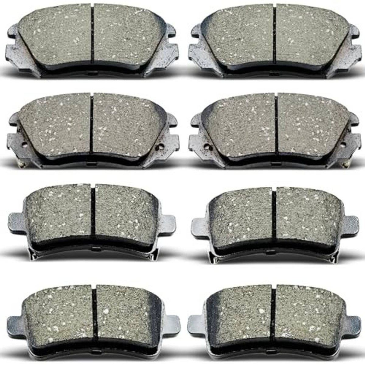 Set of 8 ceramic brake pads, grey pads with metal backing and wear slots, front and rear