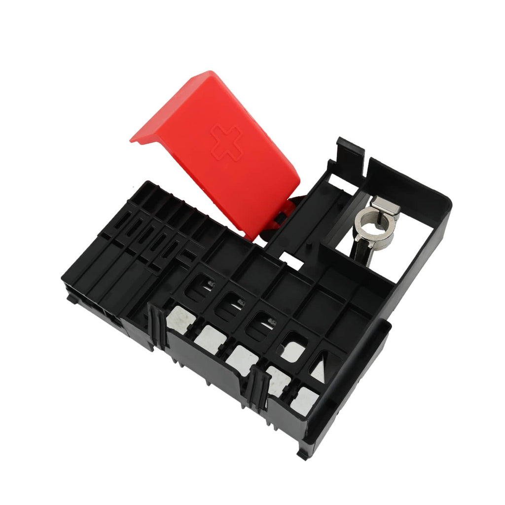 Battery fuse block with detached red cover and exposed terminal contact area