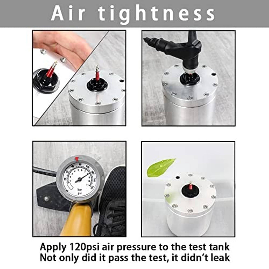 Presta valve stem used on an air-tight test setup with pressure gauge