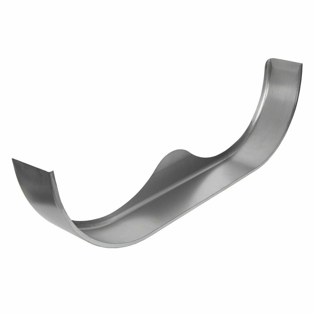 Silver metal tandem axle fender pair, sweeping teardrop curve with vertical end caps