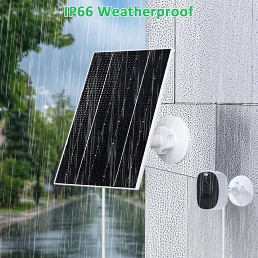 Weatherproof black solar panel with white wall mount beside outdoor security cameras
