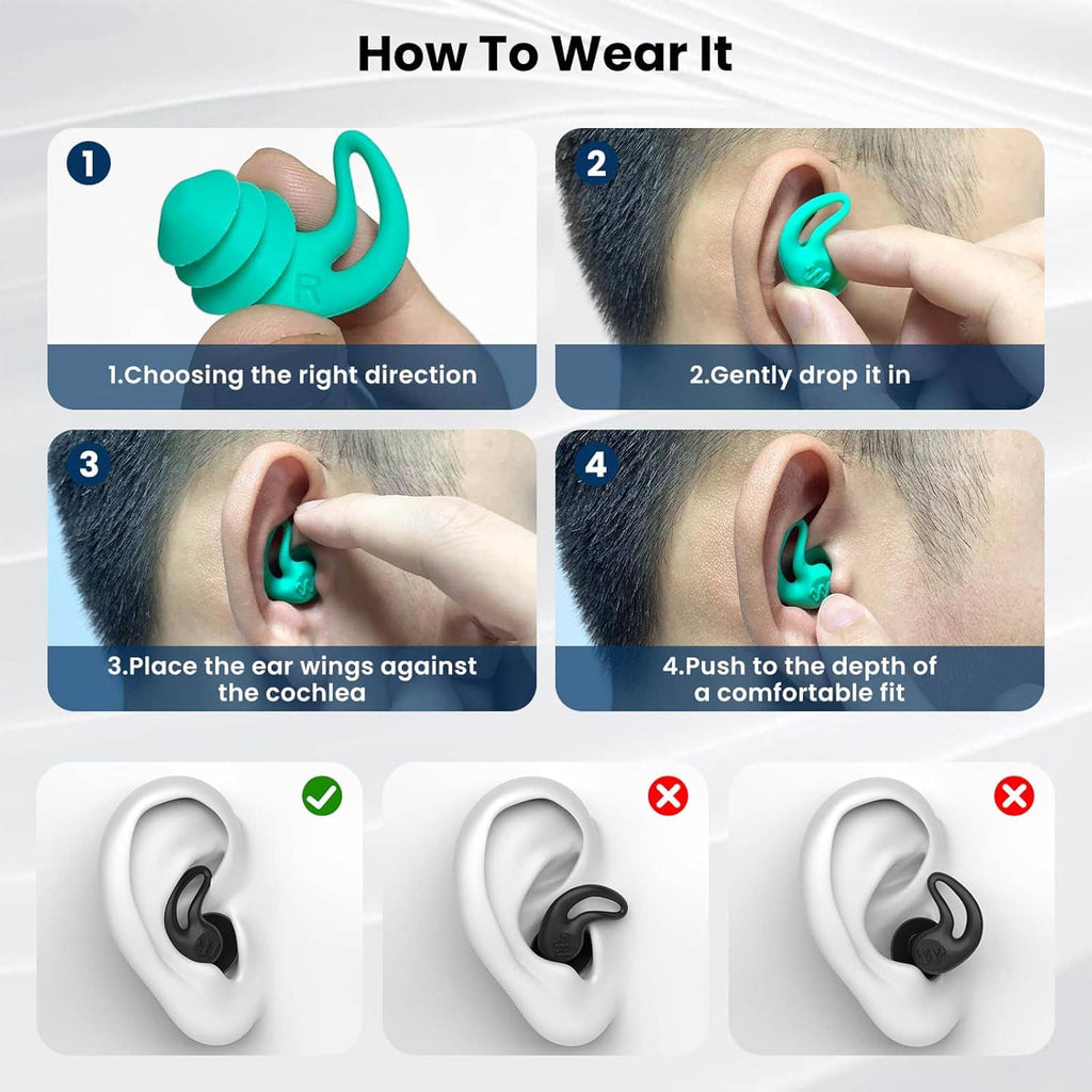Teal silicone ear plugs shown in different wearing positions for adults
