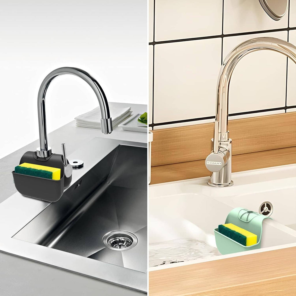 Gray sink caddy with sponge and soap placed under faucet on countertop